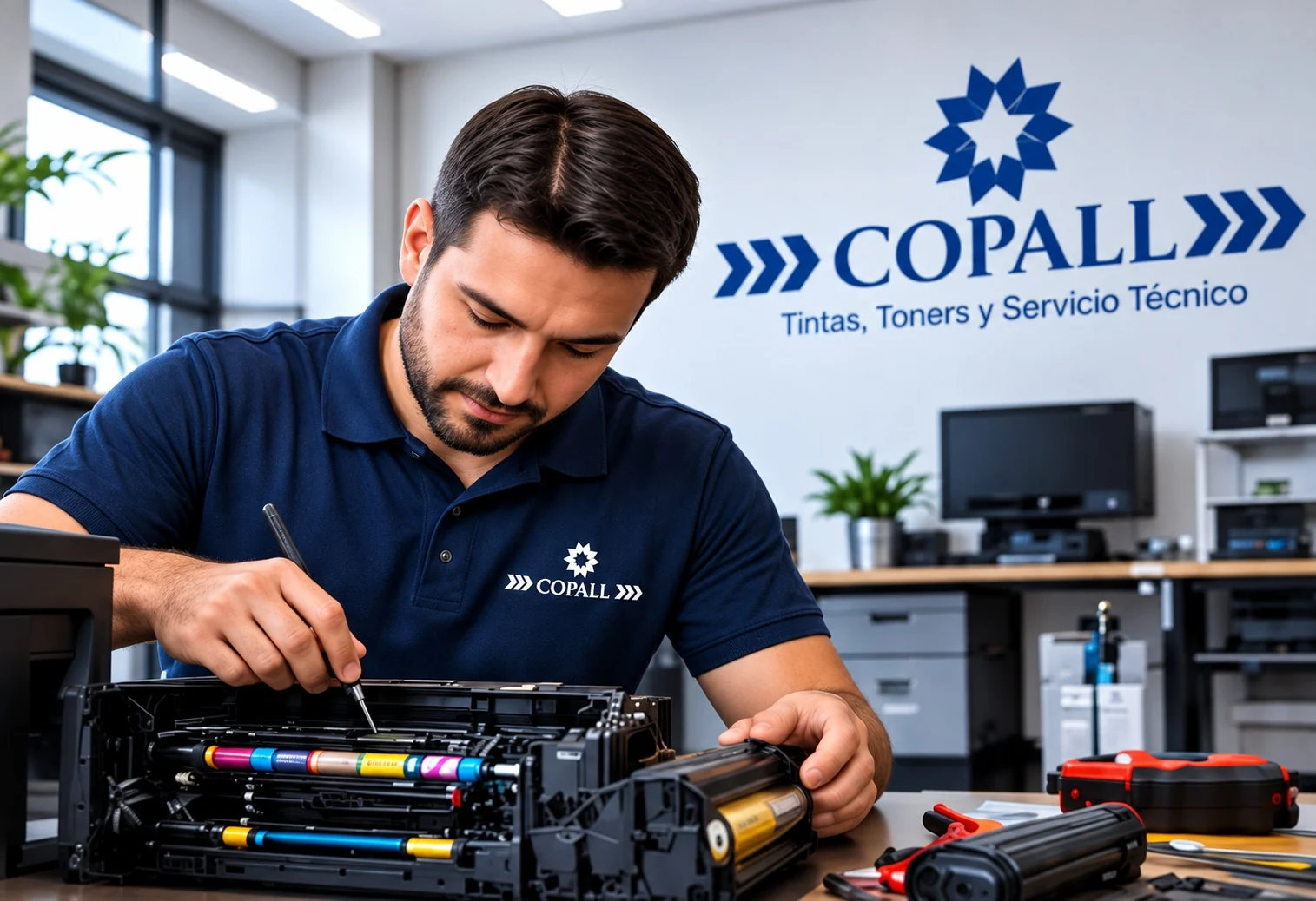 Técnico especializado COPALL reparando una impresora